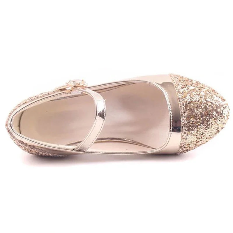 Gold Glitter Girl Heeled Shoe Girl Ceremony Dress Shoes for Party and Wedding Shiny Golden Formal Shoes with Sequins for Girls