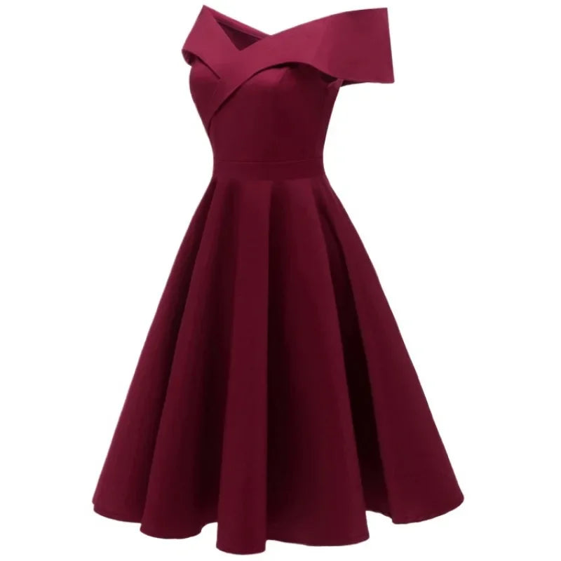 2024 New Vintage Women Summer Dresses Off Shoulder V-Neck Retro 50s 60s Elegant Dress Sexy Rockabilly Party Dress Midi Vestidos
