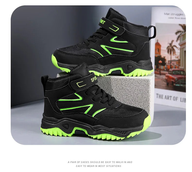 Children Casual Luminous Shoes For Boys Breathable Sneaker Winter Warm Plush Kids Hook&Loop Non-slipl Hiking Sports Shoes