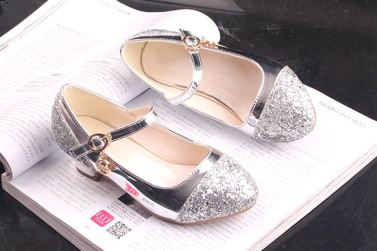 Gold Glitter Girl Heeled Shoe Girl Ceremony Dress Shoes for Party and Wedding Shiny Golden Formal Shoes with Sequins for Girls