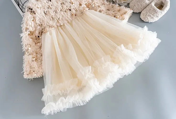 Children Clothing Girl Dress 2023 Winter New Children Plush and Thickened Princess Skirt with A Bow As A Gift