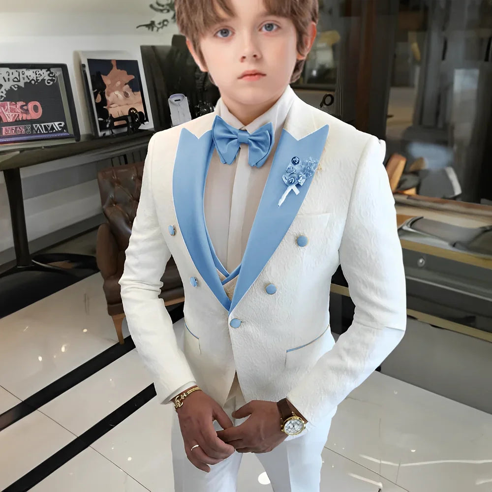 White Floral Wedding Tuxedo for Boys 3 Pieces Jacquard Suits Double Breasted Kids Tuxedo 2025 Fashion Design Jacket Pants Vest