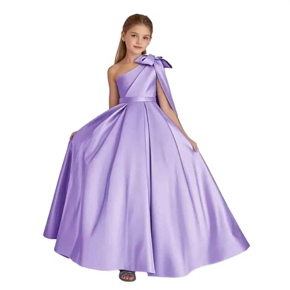 One Shoulder Flower Girl Dress for Wedding Satin Pageant Dresses for Girls First Communion Dress with Bow Ball Gown
