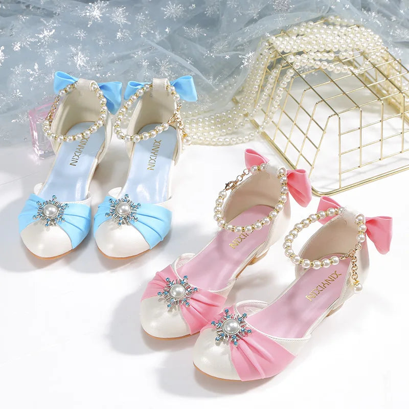 Kids Leather Shoes for Girls Knot Banquet Party Children High Heel Shoe for Kids Girls Sandals Student Crystal Princess Shoes