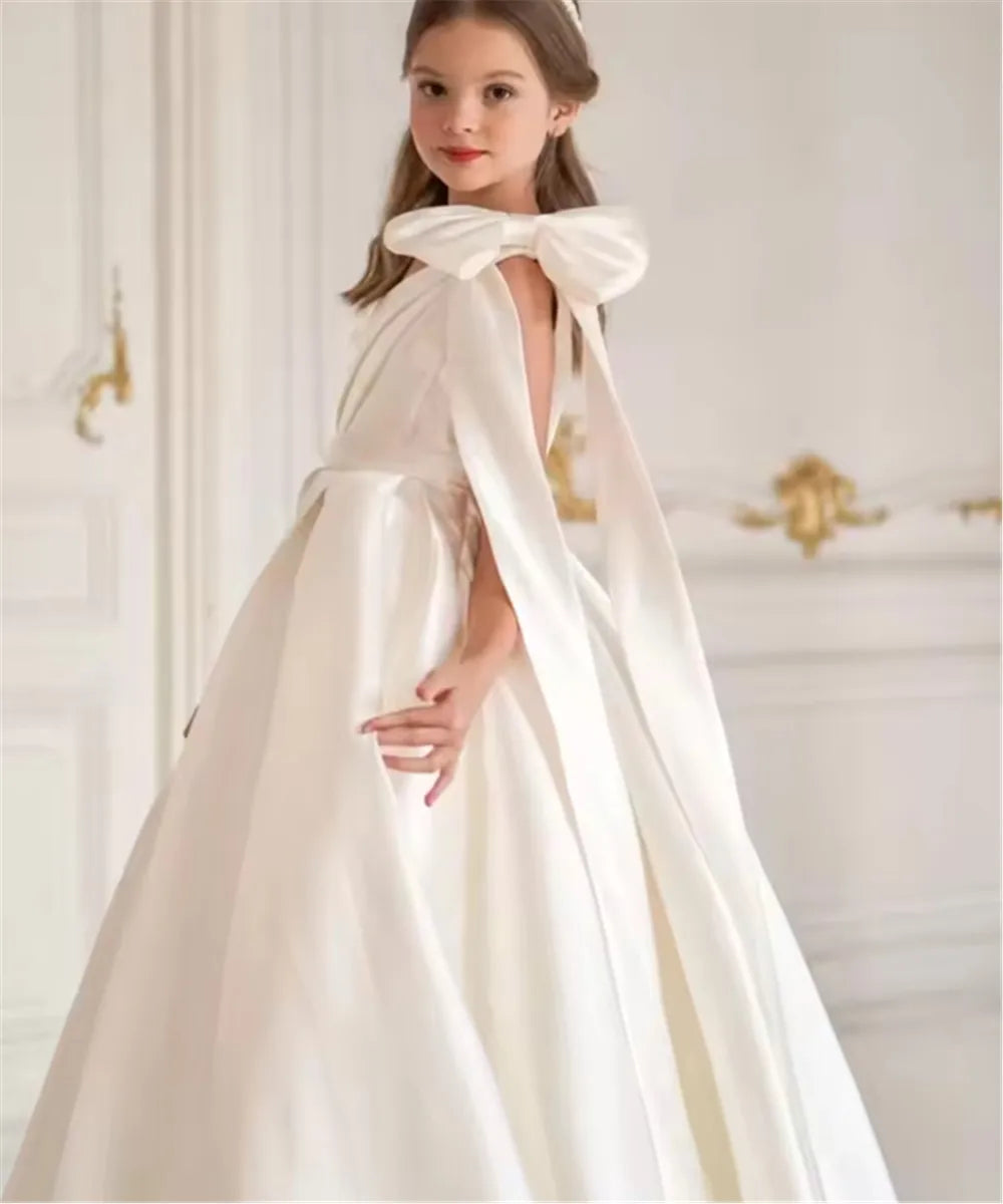 One Shoulder Flower Girl Dress for Wedding Satin Pageant Dresses for Girls First Communion Dress with Bow Ball Gown
