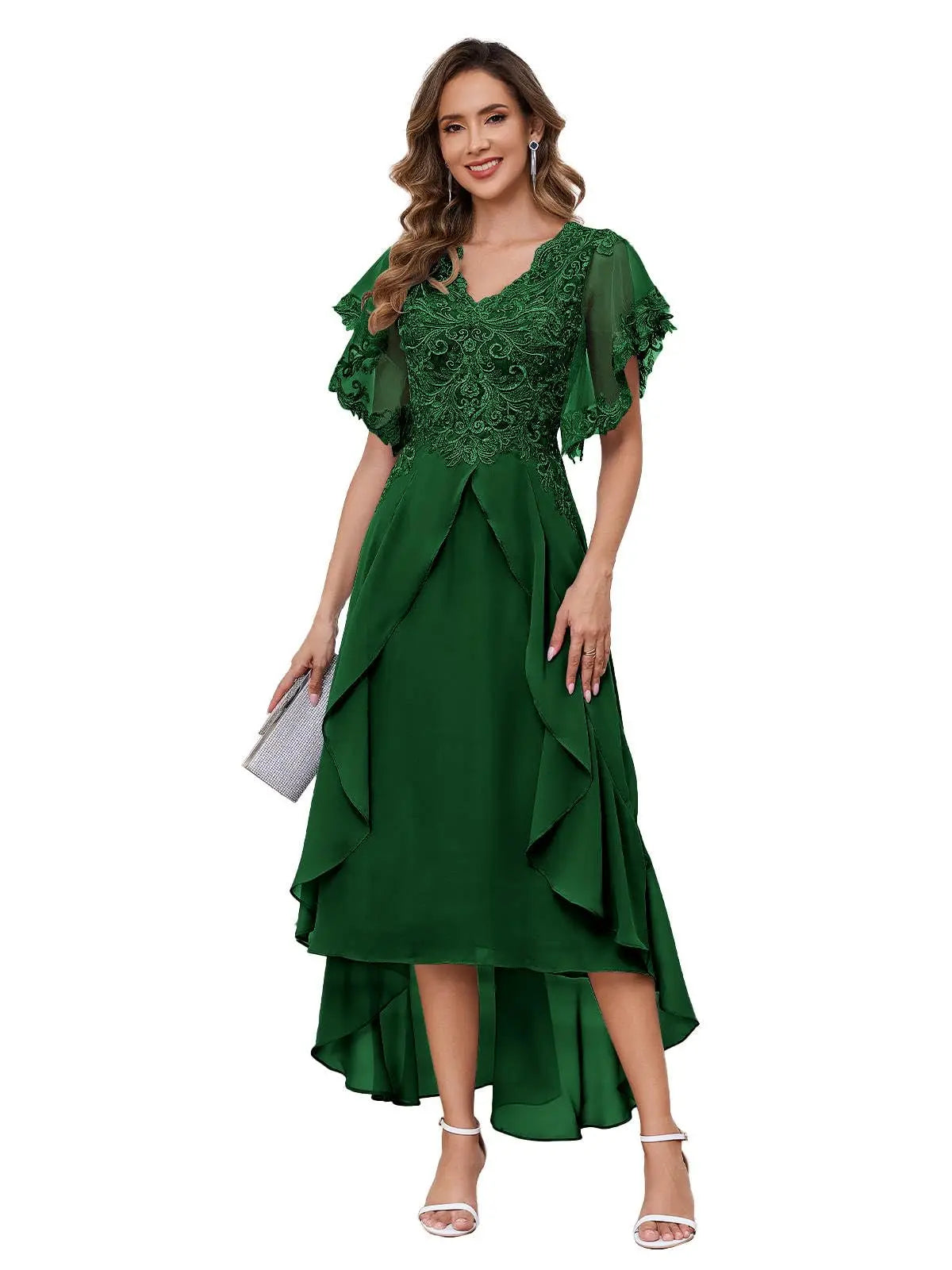 Customized Exquisite Tea Length Mother of The Bride Dresses Ruffle Sleeve V Neck Lace Chiffon Wedding Formal Evening Dress