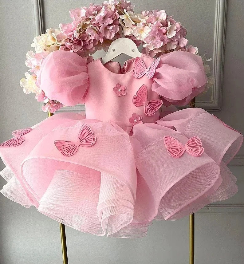 Pink Princess Dress for Girls with 3D Butterfly Decor, Flower Girl Dress for Weddings & Special Events