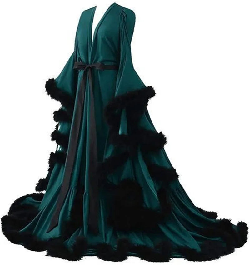 Feather Satin Women Prom Dress Sexy V Neck Full Sleeves Belted Bridal Party Gown Evening Gown Sleepwear Customized Skirt