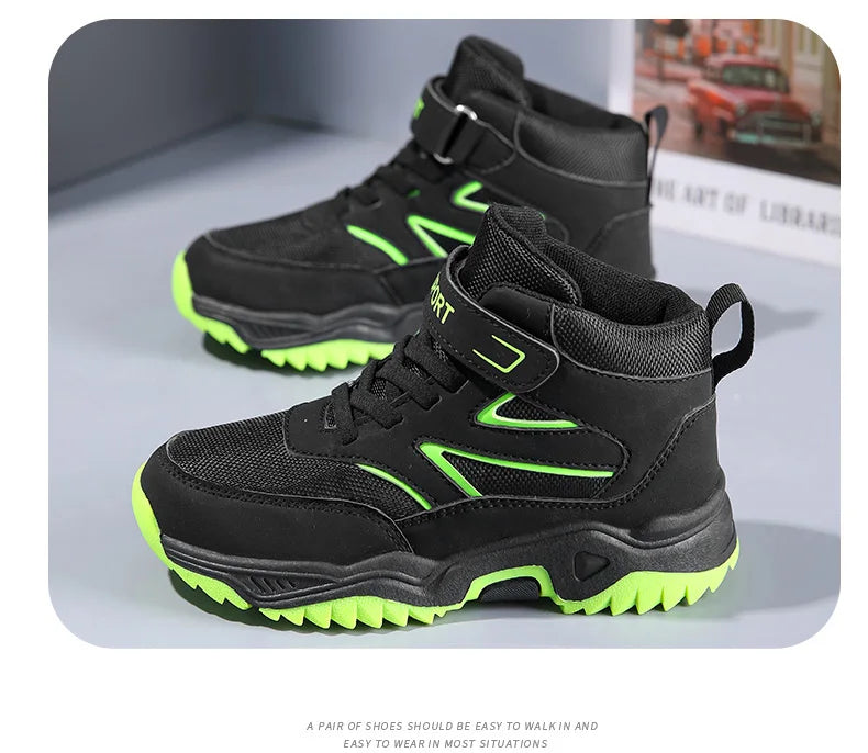 Children Casual Luminous Shoes For Boys Breathable Sneaker Winter Warm Plush Kids Hook&Loop Non-slipl Hiking Sports Shoes