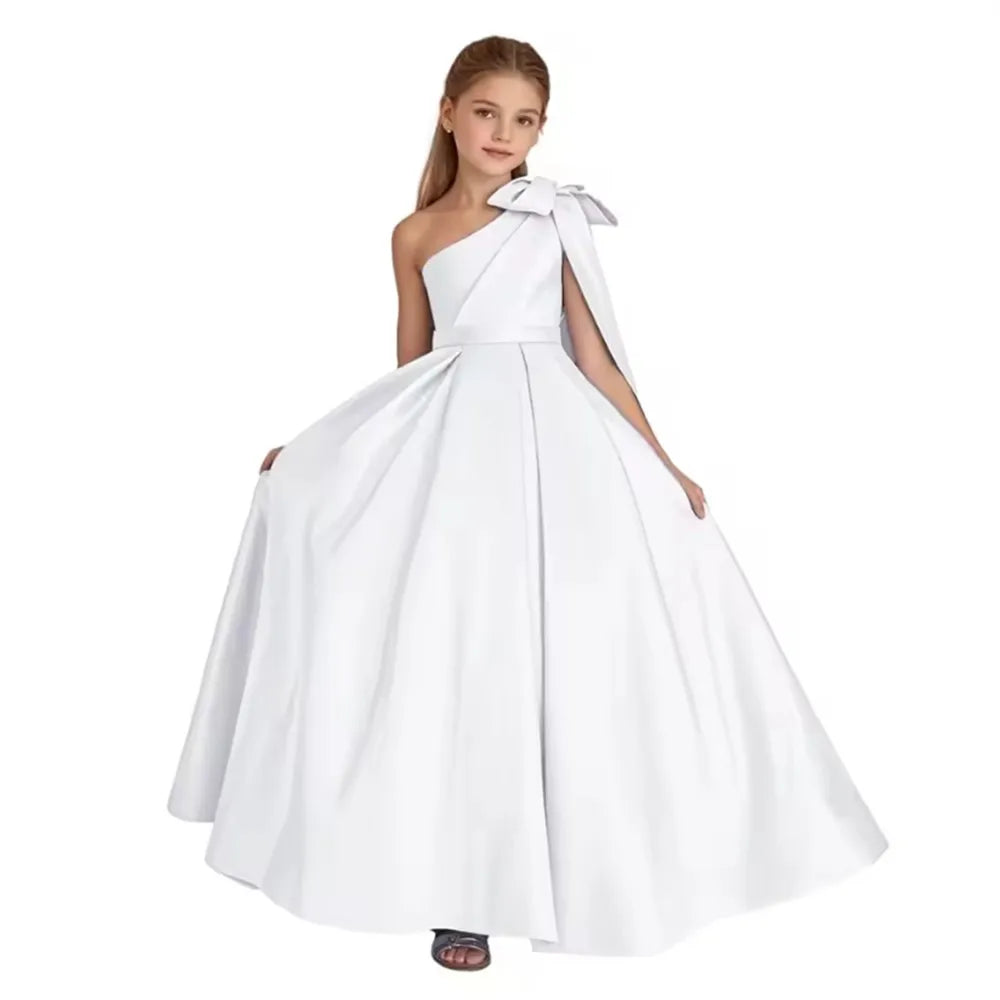 One Shoulder Flower Girl Dress for Wedding Satin Pageant Dresses for Girls First Communion Dress with Bow Ball Gown