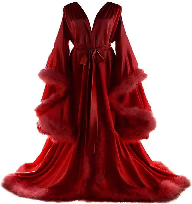 Feather Satin Women Prom Dress Sexy V Neck Full Sleeves Belted Bridal Party Gown Evening Gown Sleepwear Customized Skirt