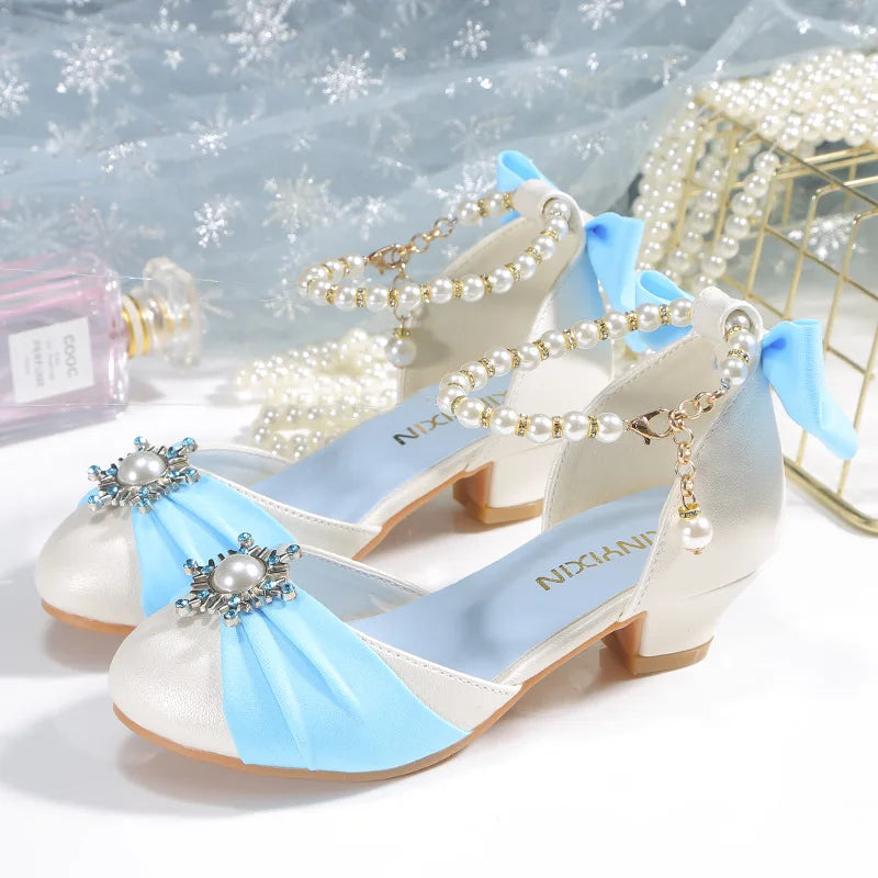 Kids Leather Shoes for Girls Knot Banquet Party Children High Heel Shoe for Kids Girls Sandals Student Crystal Princess Shoes