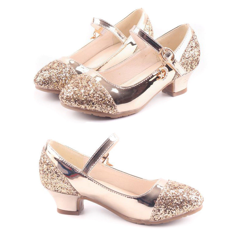 Gold Glitter Girl Heeled Shoe Girl Ceremony Dress Shoes for Party and Wedding Shiny Golden Formal Shoes with Sequins for Girls