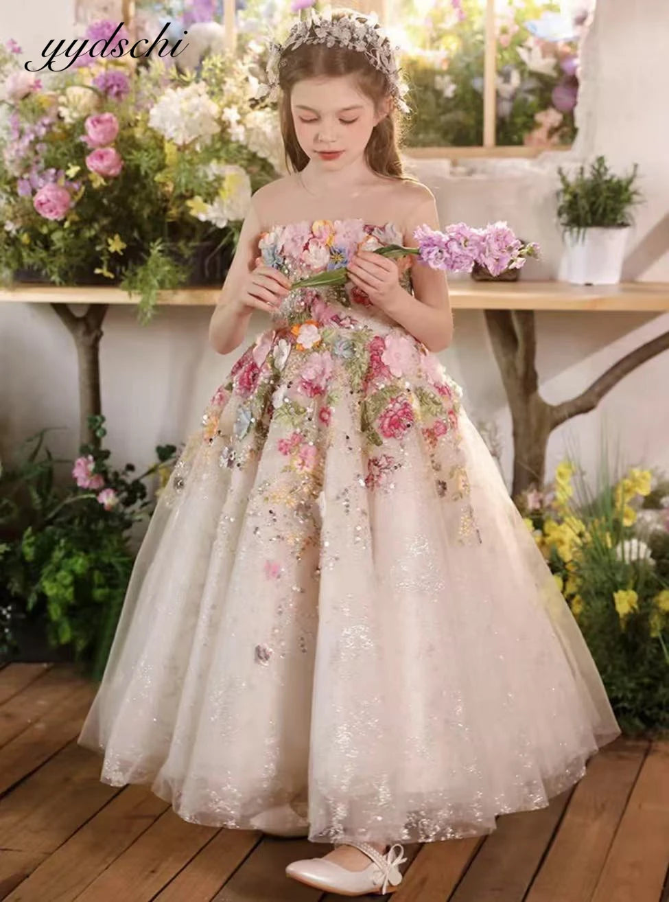Customized Floral Evening Party Baby Girls Dress for Princess Luxury Handmade Pageant Flower Girl Birthday Style Beads Gowns