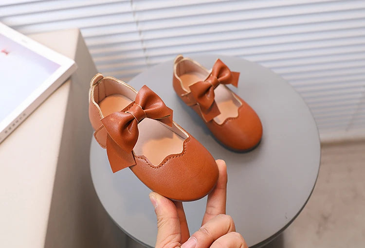 Girl's Princess Shoes Brown White Bowknot Lovely Shallow Children Flat Shoes Sweet Four Seasons 21-30 Light Kids Mary Janes