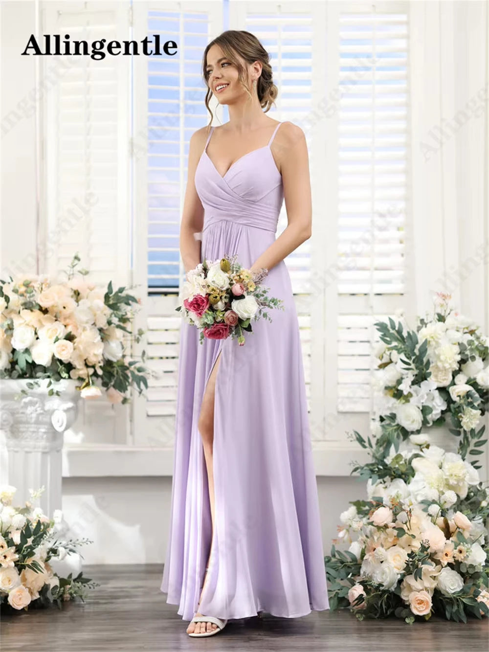 Allingentle Lilac V-Neck Bridesmaid Dress A-Line Spaghetti-straps Pleated Chiffon Side Slit Maxi Dress with Pocket Customized