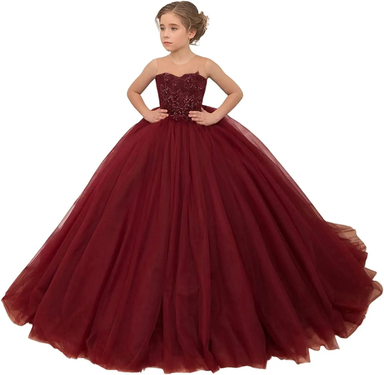 Burgundy Pageant Drsss for Girls Long Train Sheer Neck Flower Girls Dress Lace Toddler Princess Ball Gowns