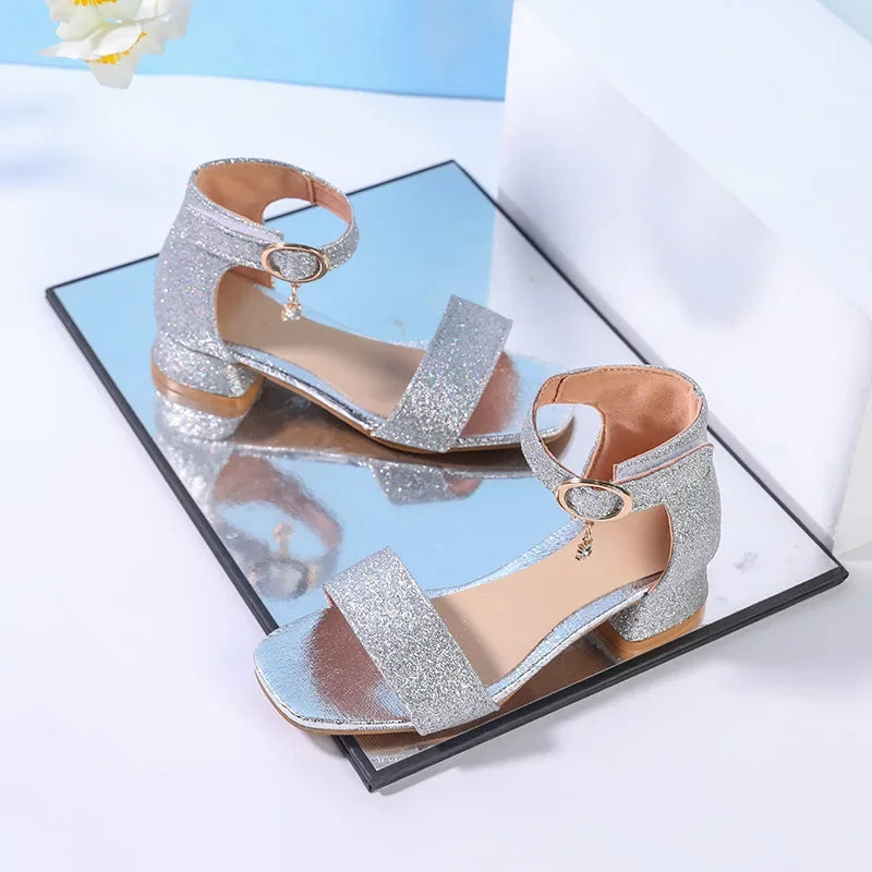 2025 Summer New Children's Sandals Fashion Girls' High Heels Silver Sequins Open Toed Girls' Princess Sandals