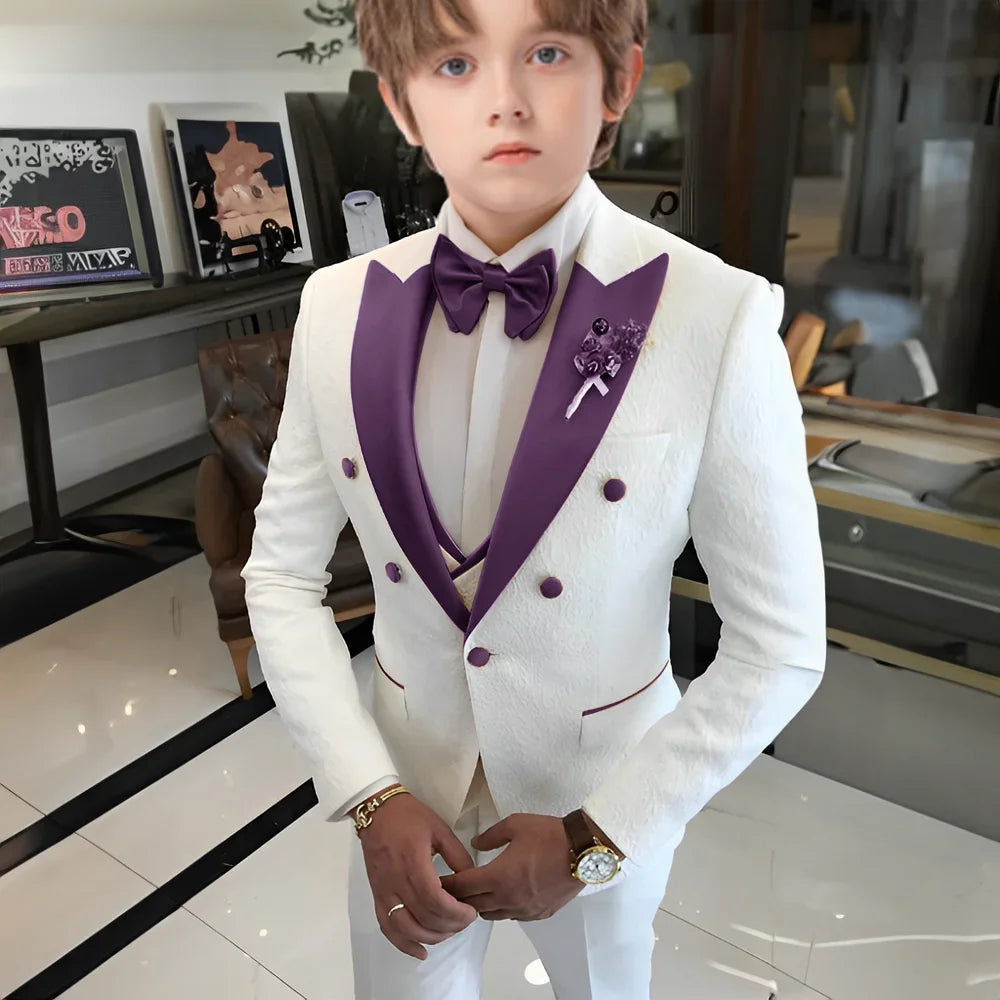 White Floral Wedding Tuxedo for Boys 3 Pieces Jacquard Suits Double Breasted Kids Tuxedo 2025 Fashion Design Jacket Pants Vest