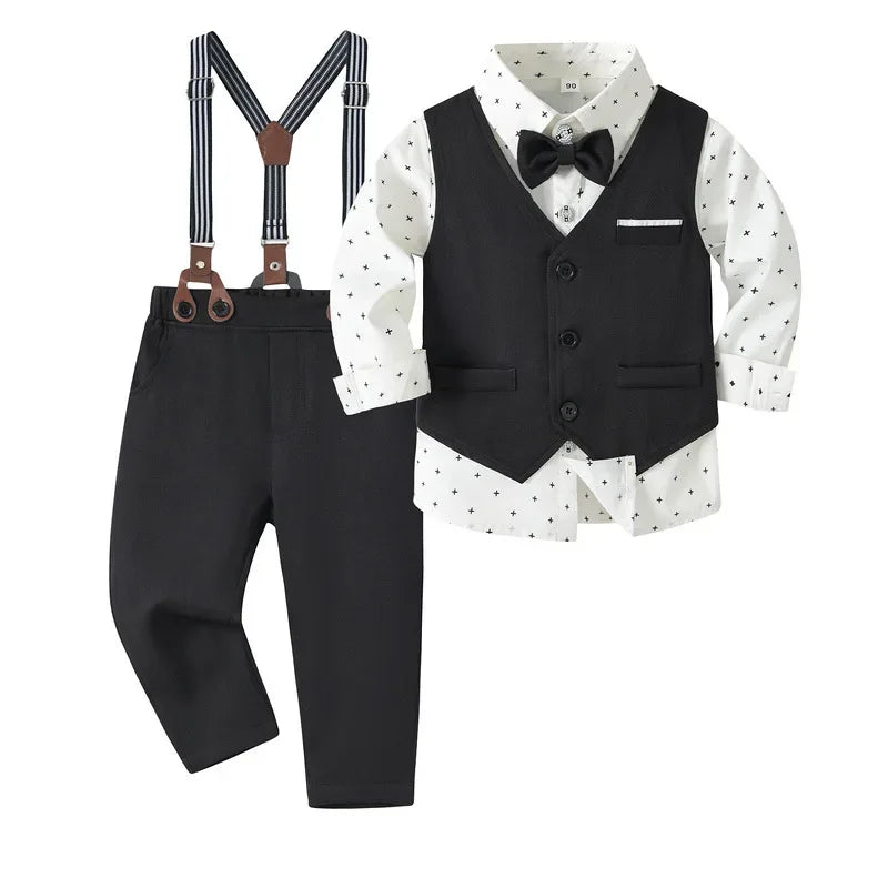 Vest Spring Set 1 2 3 4 5 Years Boy Host Wedding Costume Kid Cotton Suit Plaid Shirt with Solid Pants Strap Outfit Party Clothes