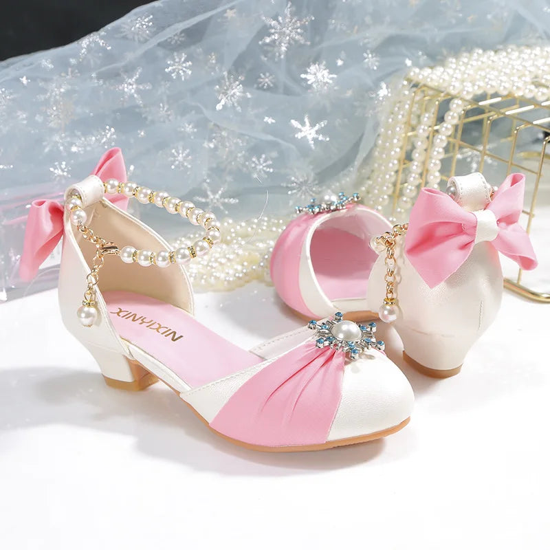 Kids Leather Shoes for Girls Knot Banquet Party Children High Heel Shoe for Kids Girls Sandals Student Crystal Princess Shoes