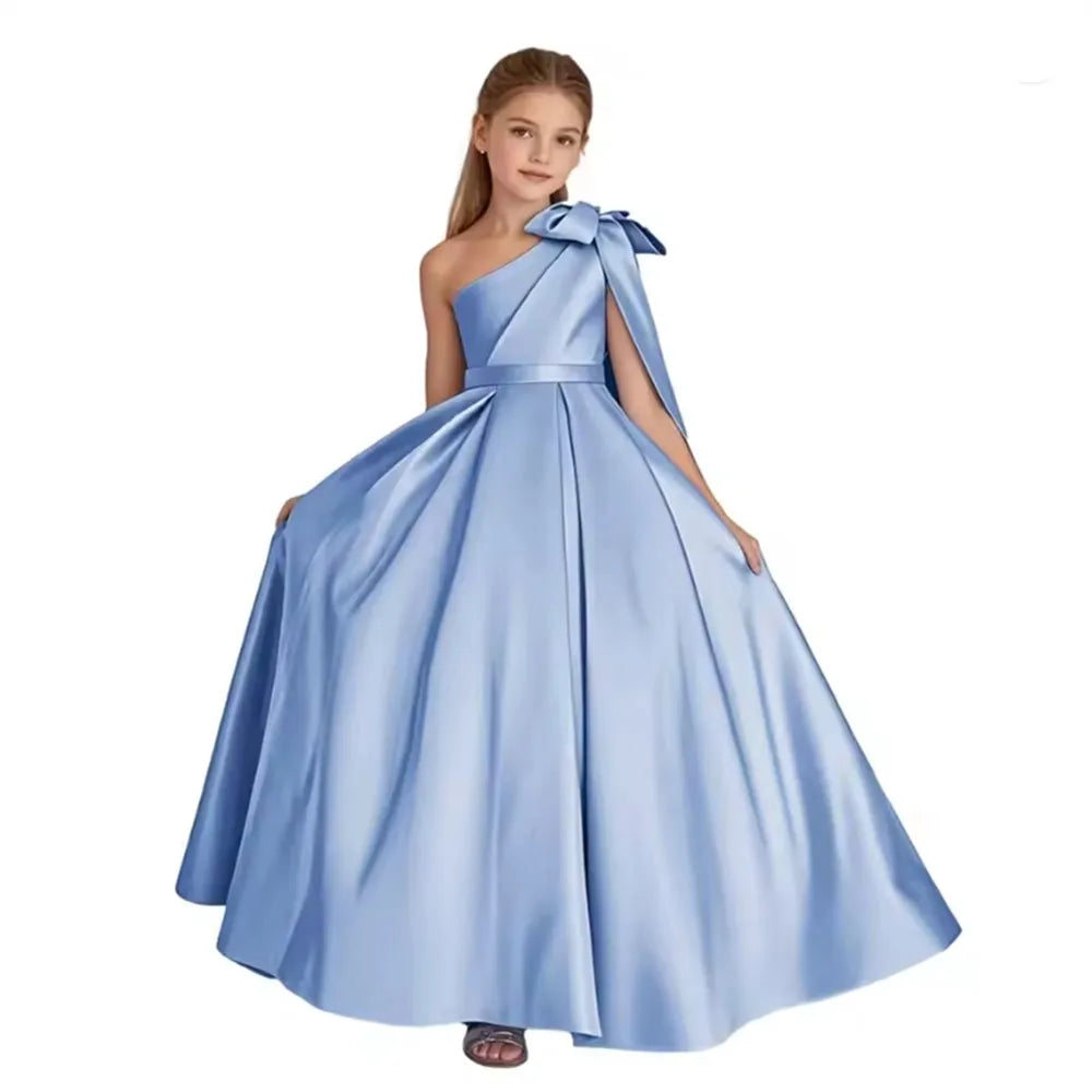 One Shoulder Flower Girl Dress for Wedding Satin Pageant Dresses for Girls First Communion Dress with Bow Ball Gown
