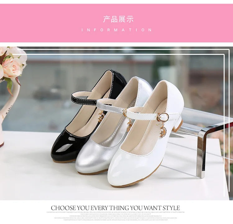 2024 New Four Seasons Girls High Heels Princess Performance Shoe for Students White Children Wedding Party Dnace Shoes Black Red