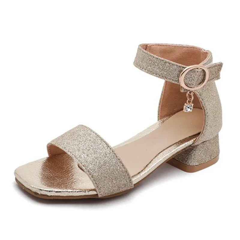 2025 Summer New Children's Sandals Fashion Girls' High Heels Silver Sequins Open Toed Girls' Princess Sandals