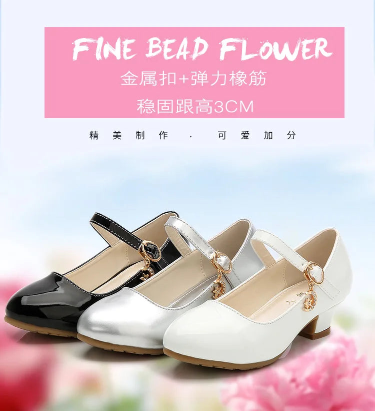 2024 New Four Seasons Girls High Heels Princess Performance Shoe for Students White Children Wedding Party Dnace Shoes Black Red