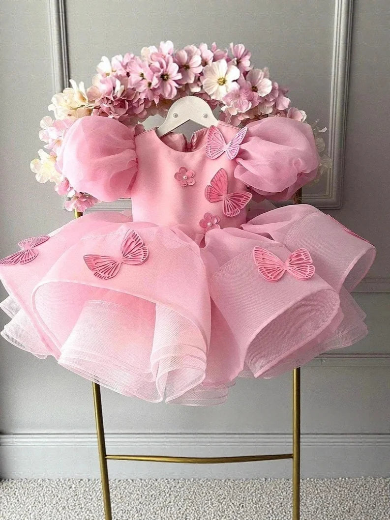 Pink Princess Dress for Girls with 3D Butterfly Decor, Flower Girl Dress for Weddings & Special Events