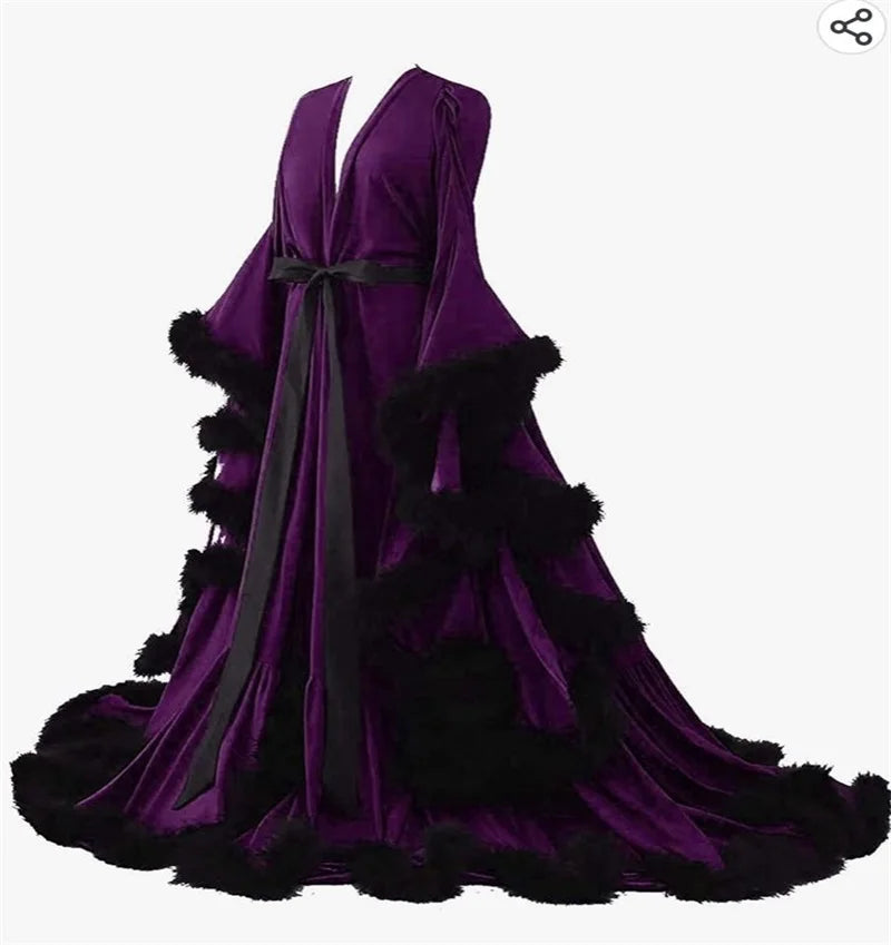 Feather Satin Women Prom Dress Sexy V Neck Full Sleeves Belted Bridal Party Gown Evening Gown Sleepwear Customized Skirt