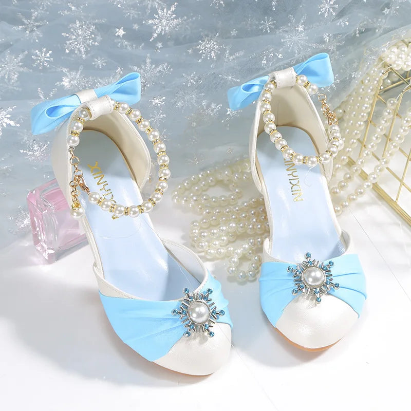 Kids Leather Shoes for Girls Knot Banquet Party Children High Heel Shoe for Kids Girls Sandals Student Crystal Princess Shoes