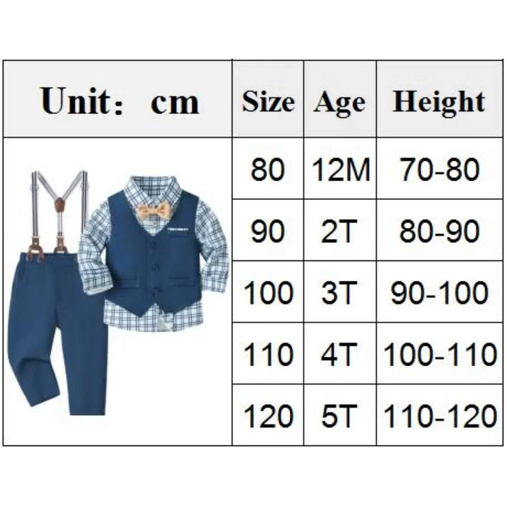Vest Spring Set 1 2 3 4 5 Years Boy Host Wedding Costume Kid Cotton Suit Plaid Shirt with Solid Pants Strap Outfit Party Clothes