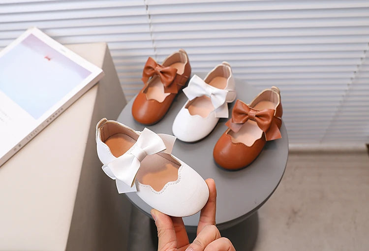 Girl's Princess Shoes Brown White Bowknot Lovely Shallow Children Flat Shoes Sweet Four Seasons 21-30 Light Kids Mary Janes