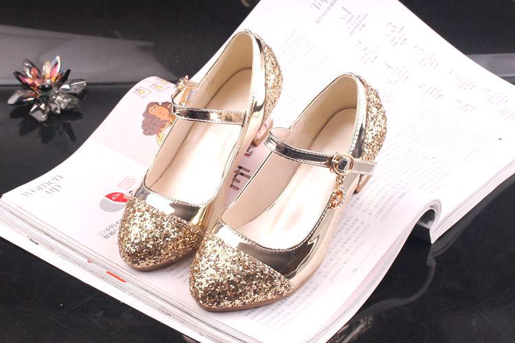 Gold Glitter Girl Heeled Shoe Girl Ceremony Dress Shoes for Party and Wedding Shiny Golden Formal Shoes with Sequins for Girls