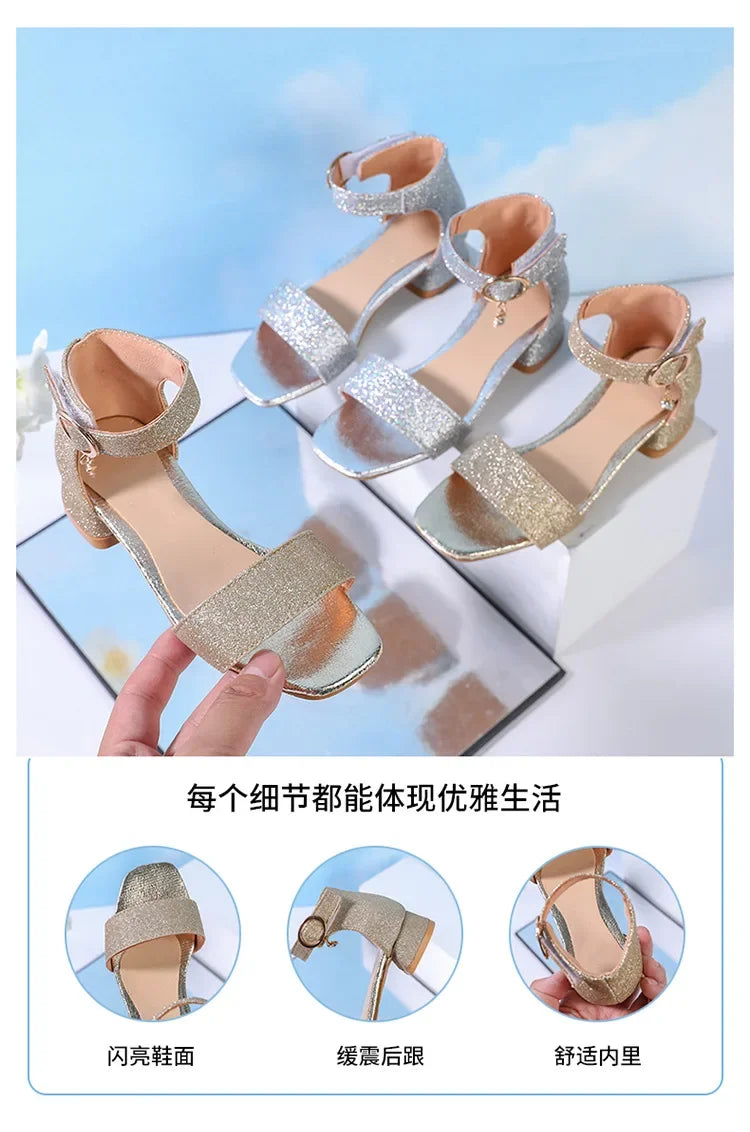2025 Summer New Children's Sandals Fashion Girls' High Heels Silver Sequins Open Toed Girls' Princess Sandals