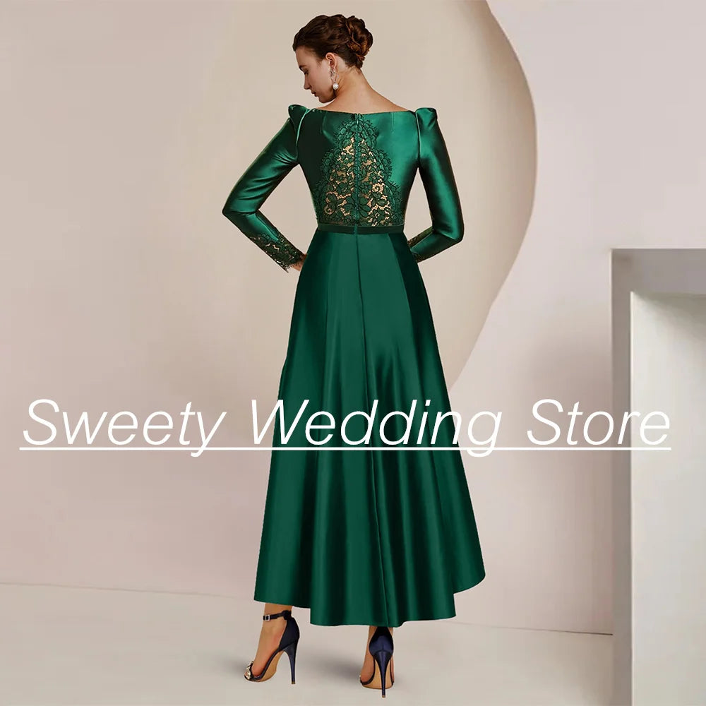 Emerald Green Satin Mother of The Bride Dress Long Sleeves Scoop Lace Covered Back A Line Wedding Guest Gown Party Dresses