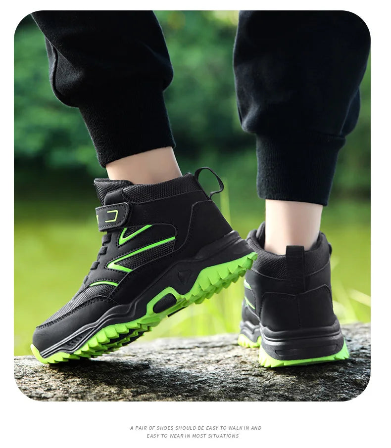 Children Casual Luminous Shoes For Boys Breathable Sneaker Winter Warm Plush Kids Hook&Loop Non-slipl Hiking Sports Shoes