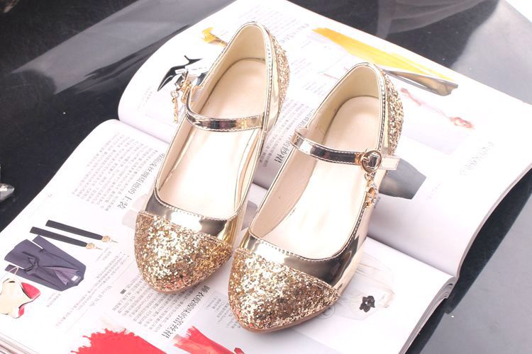 Gold Glitter Girl Heeled Shoe Girl Ceremony Dress Shoes for Party and Wedding Shiny Golden Formal Shoes with Sequins for Girls