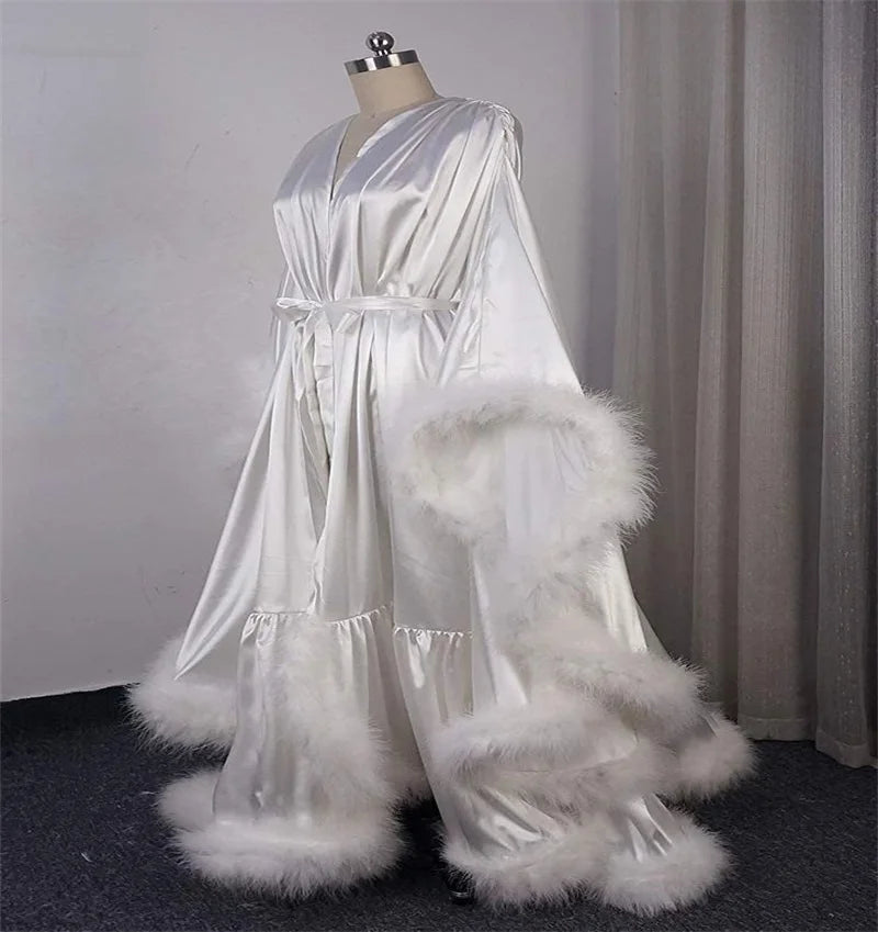 Feather Satin Women Prom Dress Sexy V Neck Full Sleeves Belted Bridal Party Gown Evening Gown Sleepwear Customized Skirt