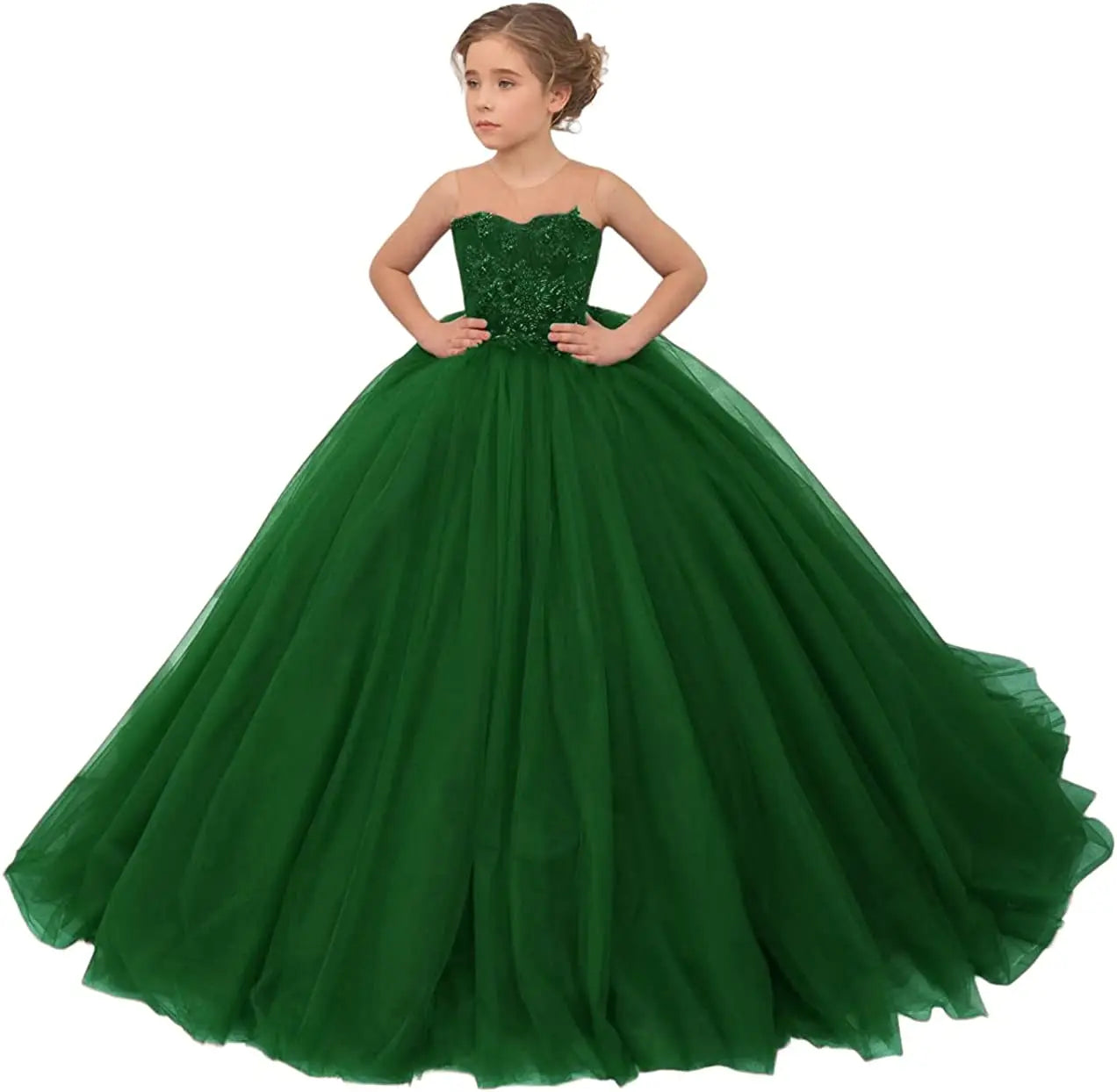 Burgundy Pageant Drsss for Girls Long Train Sheer Neck Flower Girls Dress Lace Toddler Princess Ball Gowns