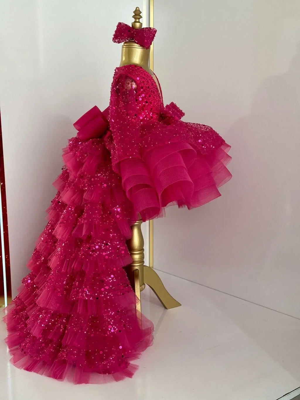 Customized Flower Girl Dresses for Weddings Party Birthday Pageant Tulle Prom Gown with Train Puffy Glitter Hot Pink Princess