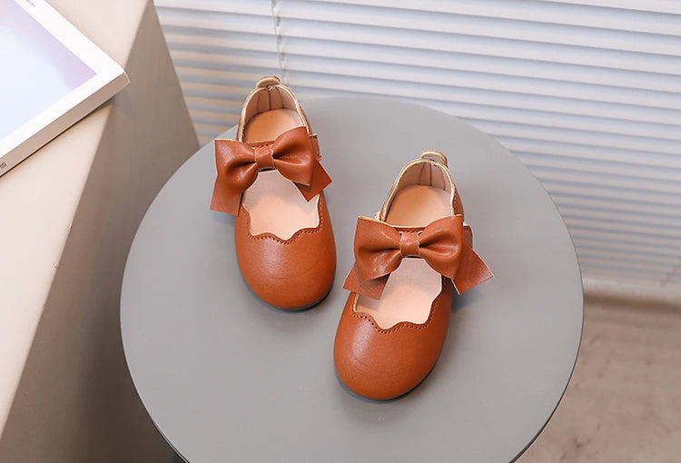 Girl's Princess Shoes Brown White Bowknot Lovely Shallow Children Flat Shoes Sweet Four Seasons 21-30 Light Kids Mary Janes