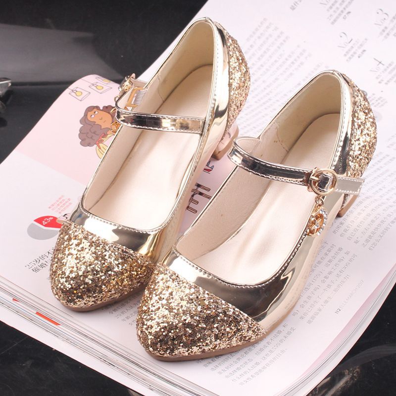 Gold Glitter Girl Heeled Shoe Girl Ceremony Dress Shoes for Party and Wedding Shiny Golden Formal Shoes with Sequins for Girls