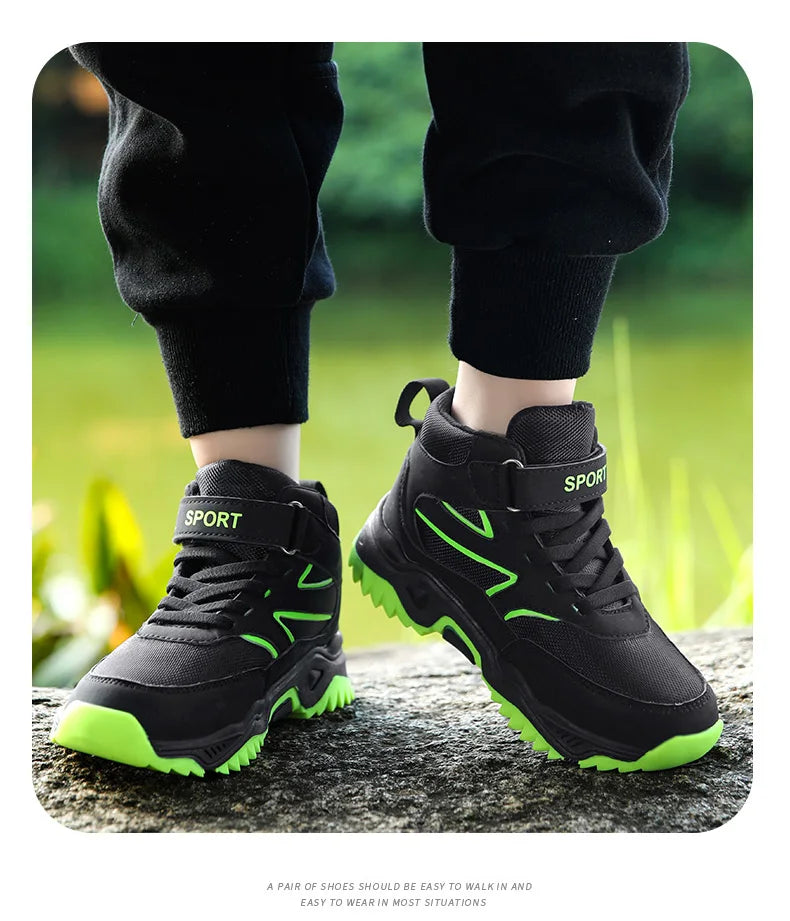 Children Casual Luminous Shoes For Boys Breathable Sneaker Winter Warm Plush Kids Hook&Loop Non-slipl Hiking Sports Shoes