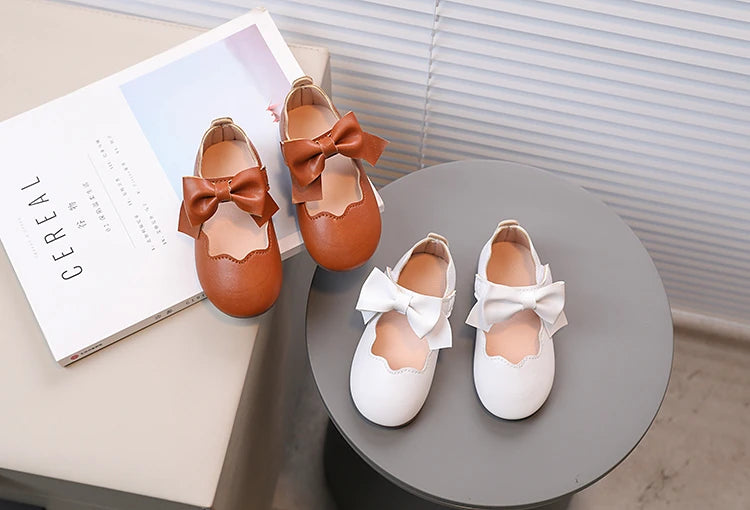 Girl's Princess Shoes Brown White Bowknot Lovely Shallow Children Flat Shoes Sweet Four Seasons 21-30 Light Kids Mary Janes