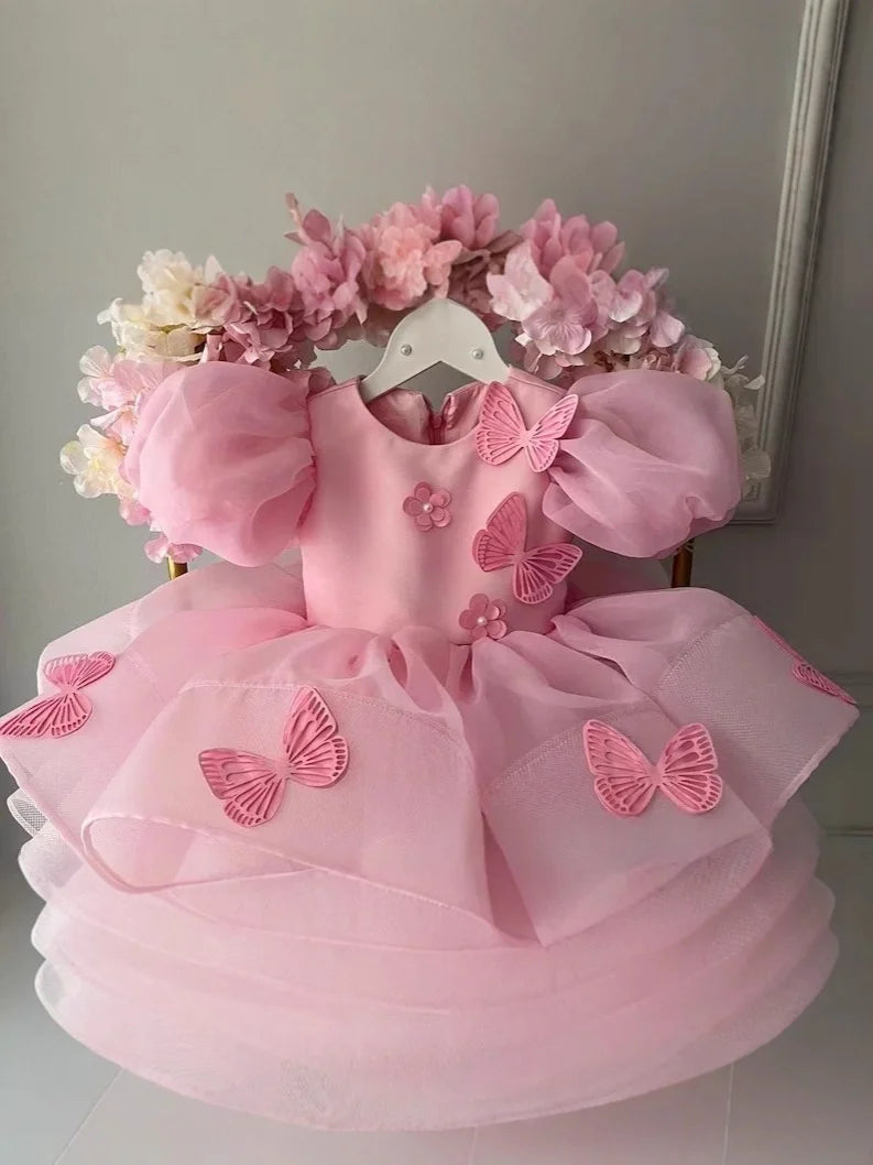 Pink Princess Dress for Girls with 3D Butterfly Decor, Flower Girl Dress for Weddings & Special Events