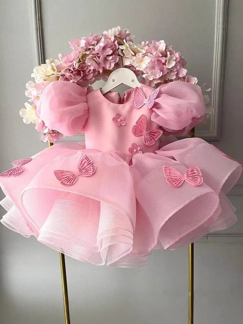 Pink Princess Dress for Girls with 3D Butterfly Decor, Flower Girl Dress for Weddings & Special Events