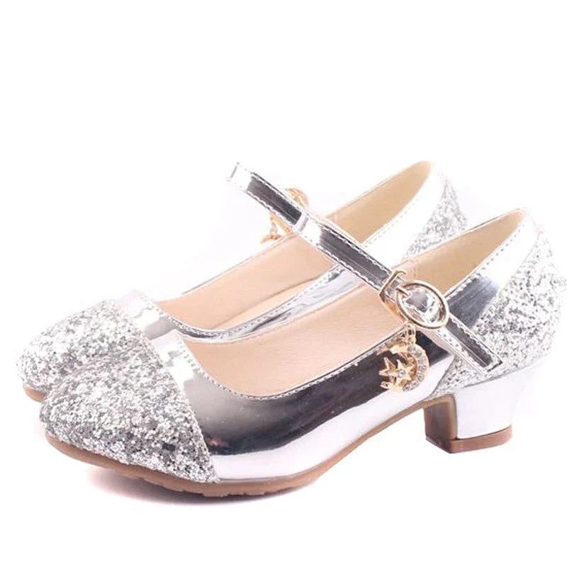 Gold Glitter Girl Heeled Shoe Girl Ceremony Dress Shoes for Party and Wedding Shiny Golden Formal Shoes with Sequins for Girls
