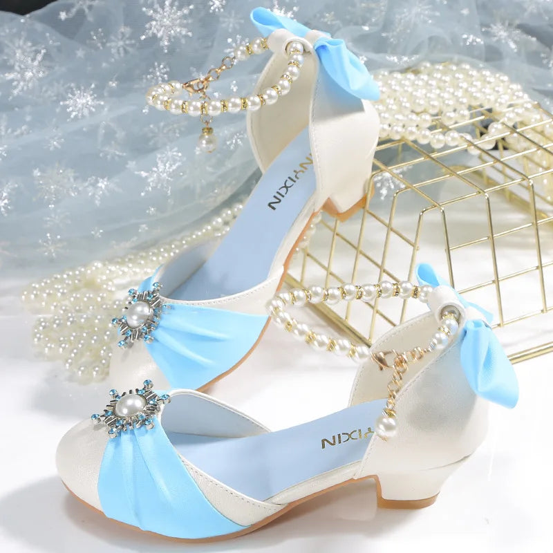 Kids Leather Shoes for Girls Knot Banquet Party Children High Heel Shoe for Kids Girls Sandals Student Crystal Princess Shoes